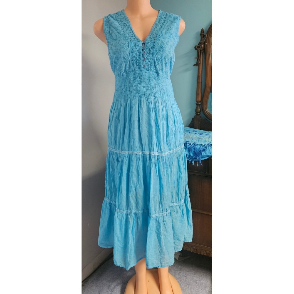 S.R. Fashion Cotton Gauze Maxi Dress Womens Medium Blue Boho Embroidered Tiered